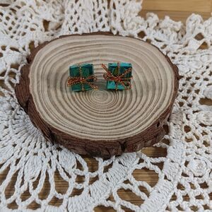 Blue Gift Box with Gold Bows Stud Earrings